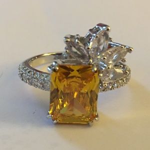 925 Sterling Silver Ring, Yellow Citrine Diamond, Square Cut, Simulated, Size 7